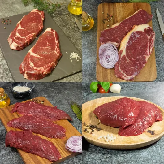 Viandes d'exception - Bœuf Simmental : 2 faux filets, 3 bavettes, 2 pavés, 2 entrecotes - environ 1,720kg - Ultra-Frais