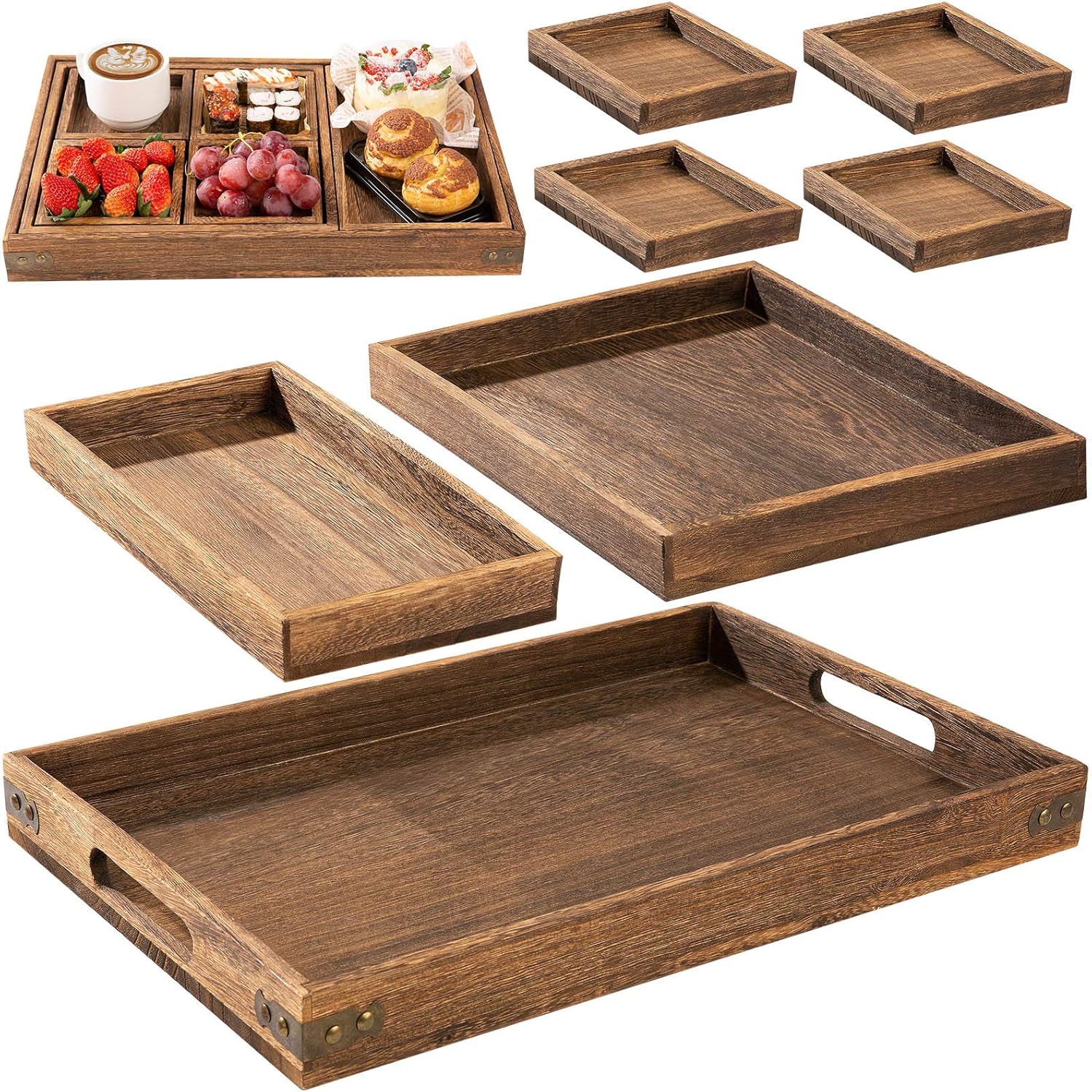 Yangbaga 7pcs Plateau de service en bois de paulownia, avec poignées Plateau rectangulaire pour vaisselle, boissons, petit-déjeuner, plateau de service pour réception de fête… Superbe set de 7 Articles