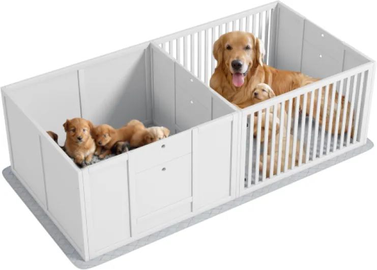 Parc de Mise Bas pour Chiens, Caisse de Mise Bas pour Chiots 2 pièces, Tapis d'aisance, Porte à Hauteur réglable, Parc pour Chiot et Grande Race intérieur, 166 x 80 x 50 cm, Blanc