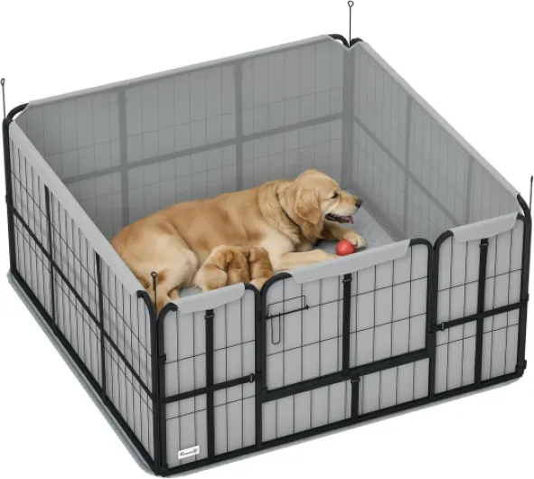 Parc de Mise Bas pour Chien, Caisse de Mise Bas pour Chiens, avec Porte verrouillable, Tissu Oxford 600D, Tapis de propreté Lavable, enclos Chien, en Acier, 122 x 122 x 60 cm, Noir