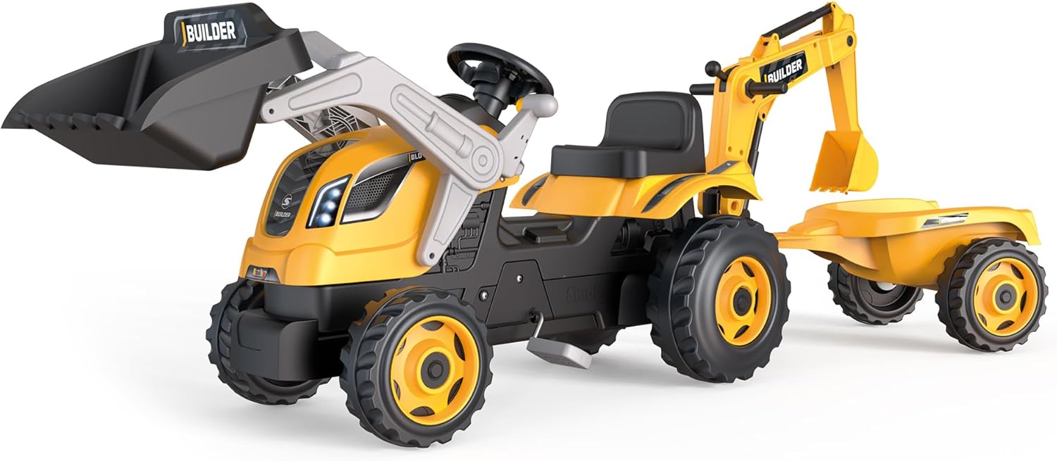 Tracteur Builder Max + Remorque - Tractopelle Enfant - Siège Ajustable - Volant avec Klaxon - A Partir de 3 Ans - Fabrication Française Jaune