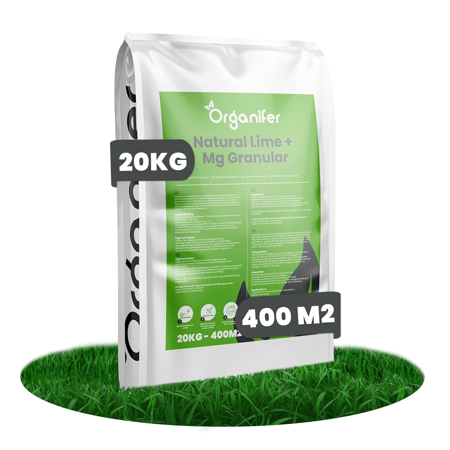Chaux Jardin Avec Magnésium - 20 Kg - 400 M2 - Chaux Vive Agricole Granulée - Engrais Universel Granule Pour Gazon, Potager Et Sols Acides - Taille 0,3-1 Mm - 1% De Mgco3 - Organifer