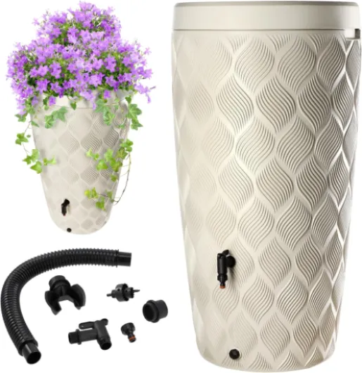 Récupérateur d'eau de Pluie avec bac à Plantes intégré dans Le Couvercle - 240 l - en Plastique - Réservoir d'eau de Pluie avec Robinet - Résistant au Gel - Crème