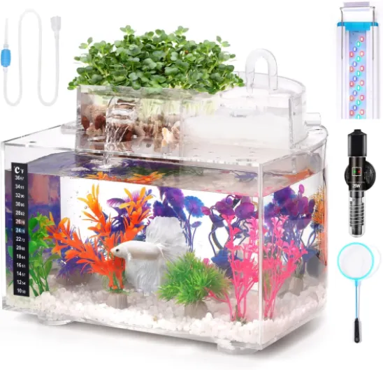 Betta Kit d'aquarium autonettoyant avec lumière LED, filtre, chauffage, décorations et accessoires – Idéal pour système de culture hydroponique et aquaponie 9 l