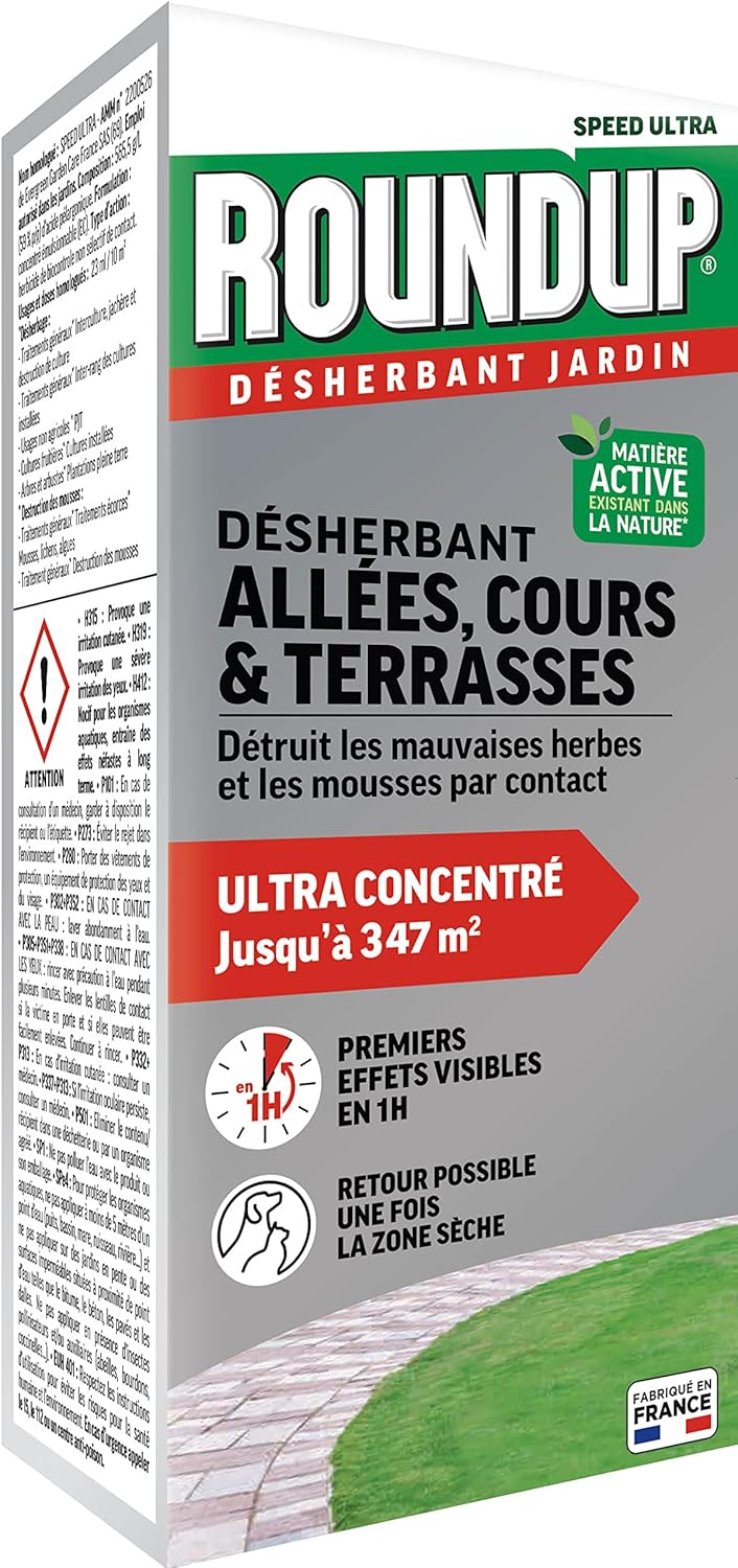 ROUNDUP R800ATN - Désherbant Concentré Cours, Allées Action 2 en 1, 800 ml -Premiers effets visibles en 1h - Elimine mauvaises herbes par contact - Produit à base d'acide pélargonique - Jusqu'à 347 m²