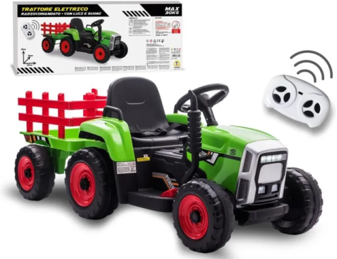 Teorema Giocattoli Teorema 66692 Tracteur électrique 12 V à chevaucher pour Enfants, avec lumières, Sons, remorque, Lecteur MP3, entrée auxiliaire, USB et Radio Commande Vert