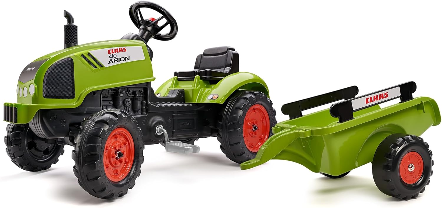 Tracteur à pédales Claas avec remorque - Dès 2 ans - Fabriqué en France - volant directionnel avec klaxon - 2041C, Vert Kaki