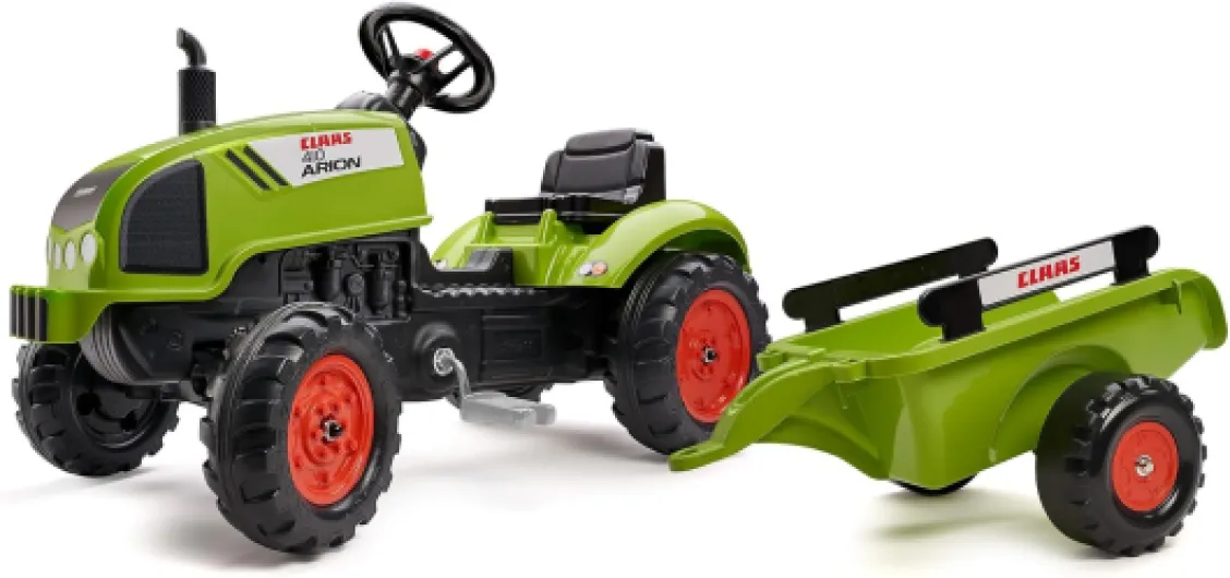 Tracteur à pédales Claas avec remorque - Dès 2 ans - Fabriqué en France - volant directionnel avec klaxon - 2041C, Vert Kaki