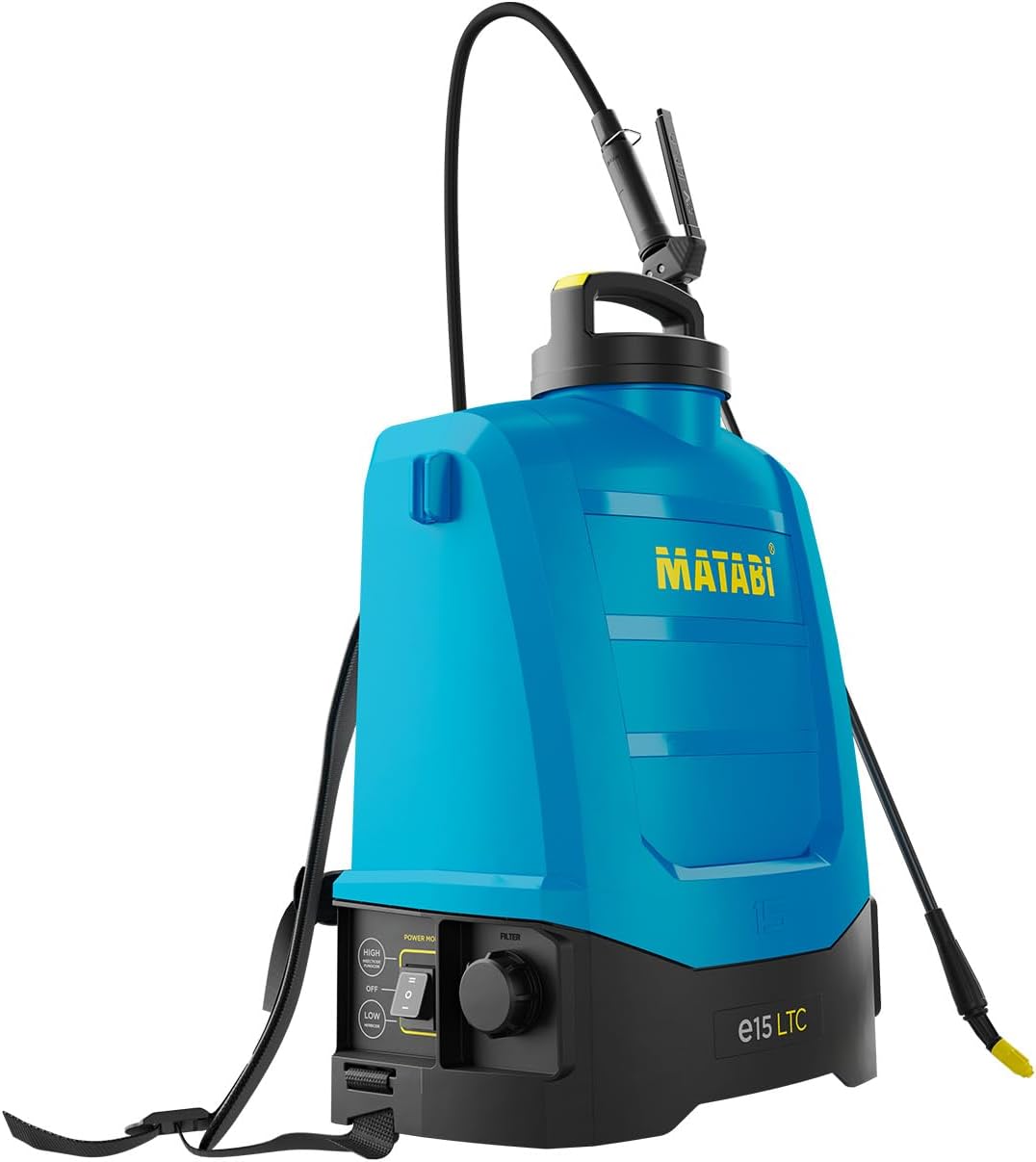 Pulvérisateur Électrique Matabi e15 LTC - Batterie Amovible Li-ION 20V - Jusqu'à 375L d'Autonomie - Contrôle Électronique LTC - Sangles Ergonomiques - Inclut 4 Buses - pour Agriculture et Jardinage Nouveau modèle 2025