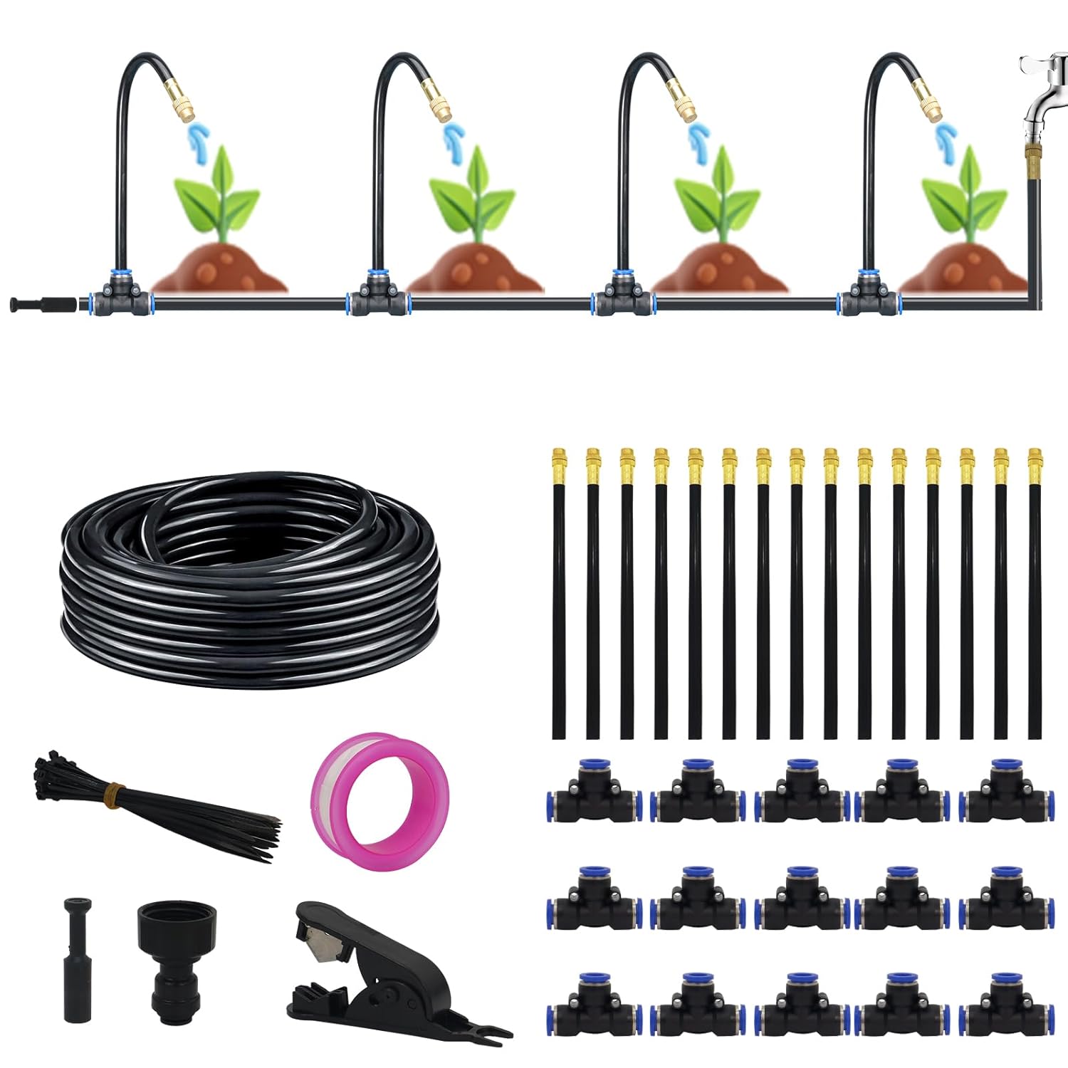 Kit d'irrigation automatique réglable à 360 ° avec 15 buses - Système d'irrigation goutte à goutte rapide pour jardin, serre, pelouse et plantes - 15 m