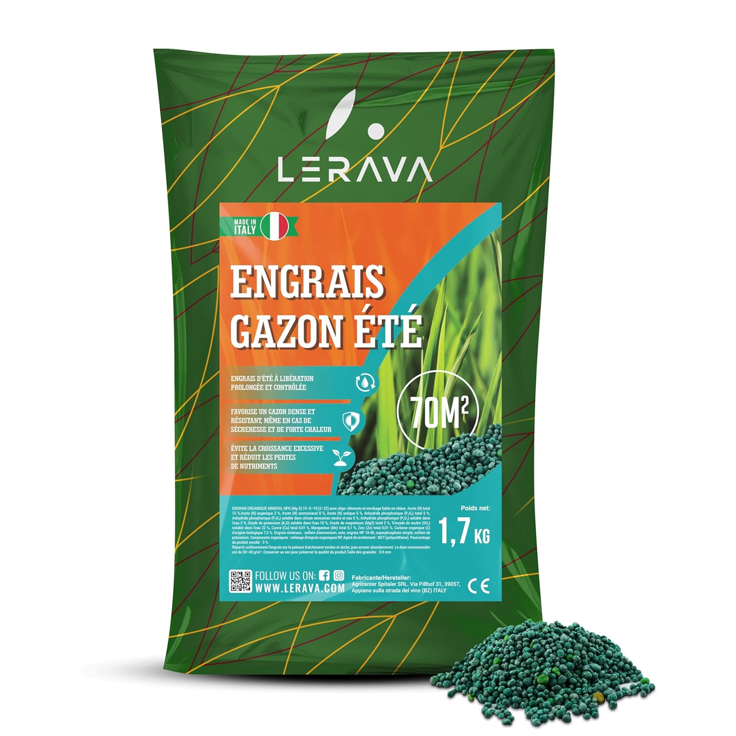 ® Engrais gazon été (70m²) - Nutrition équilibrée pour pelouse verte et dense - anti mousse gazon granulés riche en azote - Croissance résistance à la sécheresse - Idéal entretien pelouse jardin