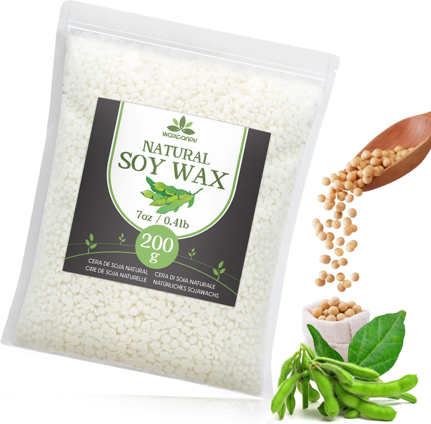 Cire de Soja pour Bougie, Cire Premium pour Bougie 1.8kg/3kg/5kg/10kg de Waxcanpy, Cire de Soja 100% Naturelle pour Bougie DIY à Faire Soi-même (0.2kg) 200g