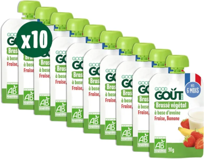 GOOD GOÛT - Brassé Végétal À Base D'Avoine - Dessert Bébé - Dès 6 Mois - Fraise, Banane - Sans Lactose Ni Protéines De Lait De Vache - Format Nomade - 10x90g (L'emballage peut varier) Avoine fraise banane