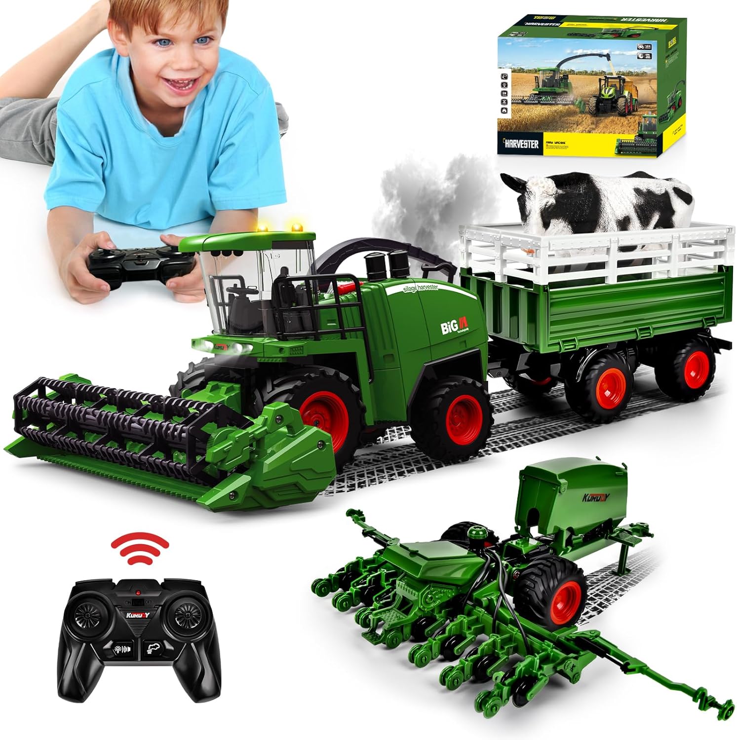 Ulikey Moissonneuse Batteuse Telecommande, 2,4 GHz Tracteur Electrique Enfant avec Lumière, Remorque, Moissonneuse, Planteuse, Jouet Ferme Cadeau d'anniversaire pour Enfants 3 4 5 6 7 Ans