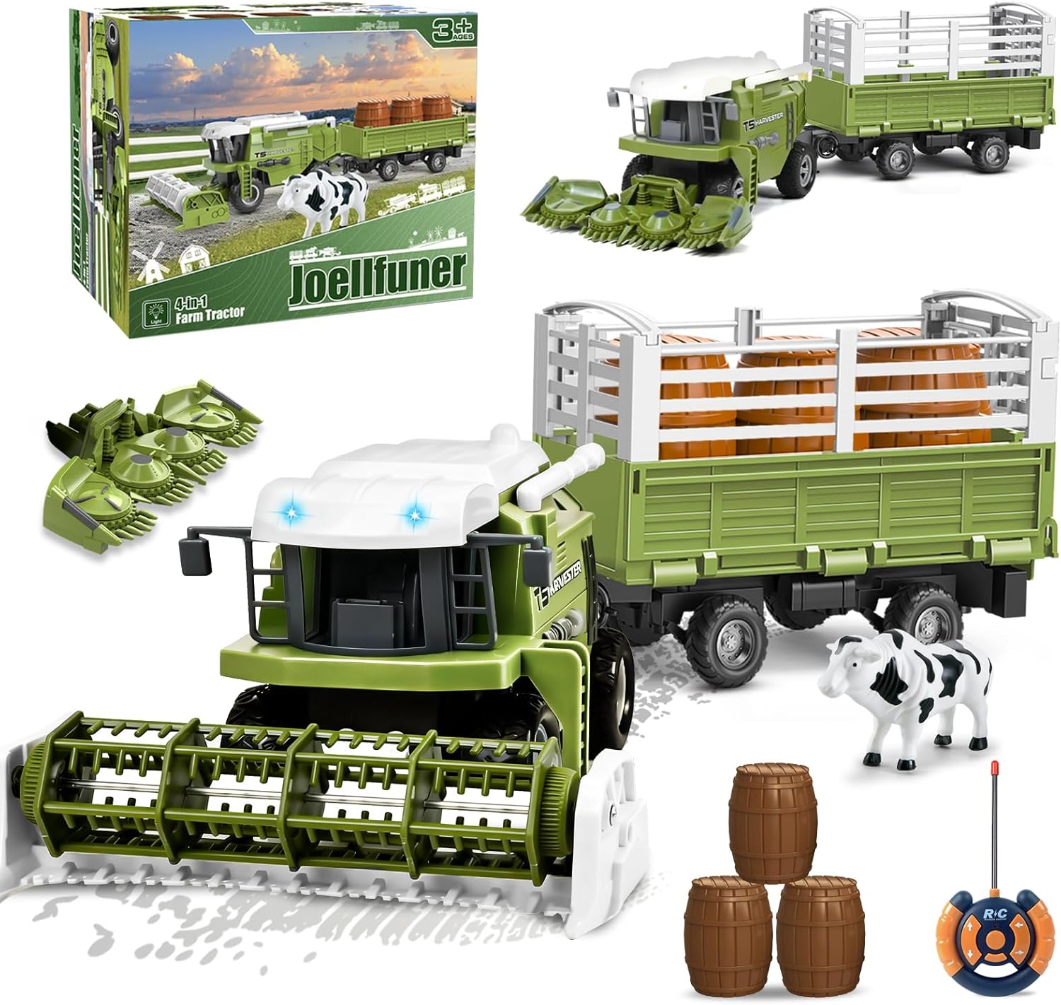 Moissonneuse Batteuse Télécommandée 2,4-GHz, Tracteur de Ferme Electrique avec Moissonneuse, Planteuse, Remorque, Vache - Cadeaux de Noël pour Enfants