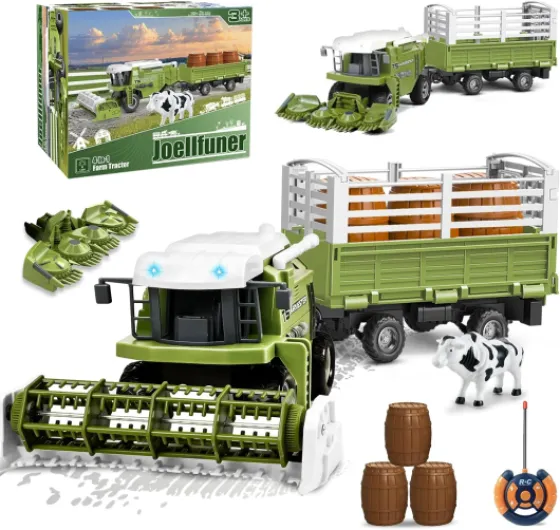 Moissonneuse Batteuse Télécommandée 2,4-GHz, Tracteur de Ferme Electrique avec Moissonneuse, Planteuse, Remorque, Vache - Cadeaux de Noël pour Enfants