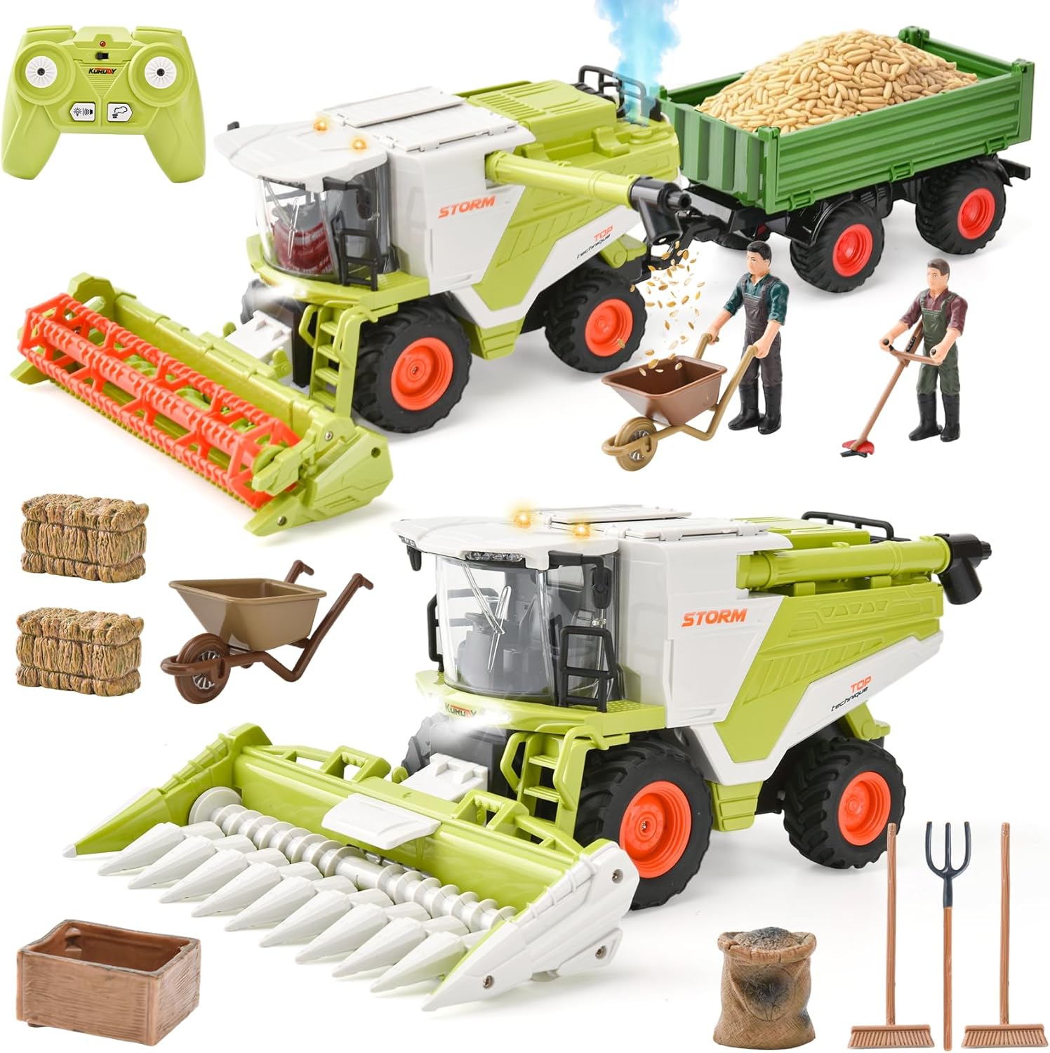 Moissonneuse-batteue RC 2-en-1 Télécommandée, Jouet Moissonneuse-batteuse avec Lumière, Son et Fonction de Pulvérisation, Accessoires pour Scénarios de Ferme, pour Enfants 3-8 Ans