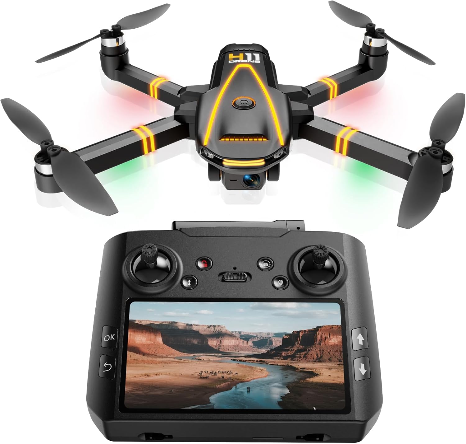 H11 GPS Drones avec Caméra Professionnel 4K pour Adultes (Radiocommande avec Écran) RC Drones FPV Pliable avec Moteur sans Balais, QuickShots, Longue durée de vol, Moins de 249g, C0