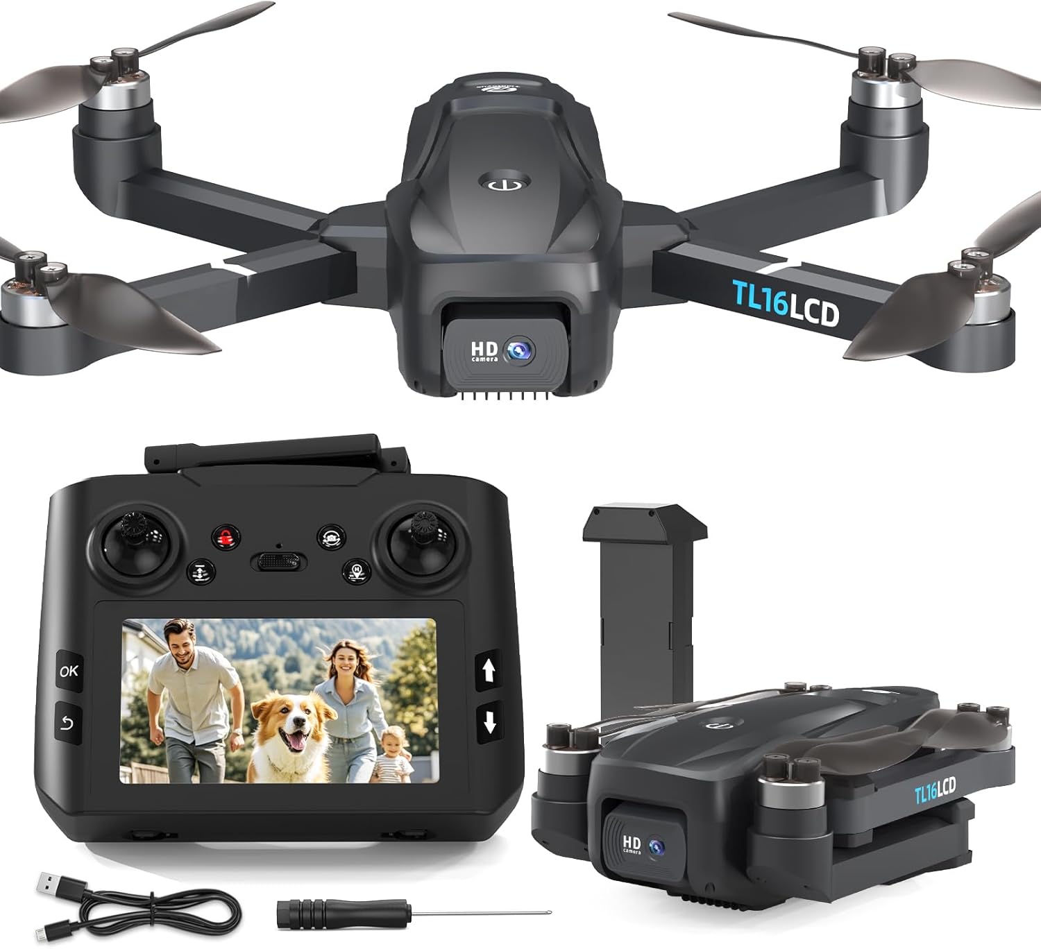 TL16LCD Drone avec Camera 4K, Drone GPS pour Débutants avec Télécommande LCD Retour Automatique Follow Me Transmission en Temps Réel 5G Drones FPV pour Adultes TL16LCD-A