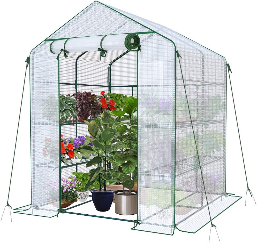 ® Serre de Jardin PE avec Étagères 3 Niveaux Serre de Jardin pour Légumes Plantes Fleurs Bâche Renforcée 135g/m2 Protéger Vos Plantes en Toutes Saisons 143x143x195cm 143x143x195cm Blanc