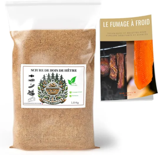 Grill'n Chips Sciure de Bois de Hêtre 1.5Kg pour Fumoir à Viande et Poisson - Adaptée au serpentin fumoir à Froid - Conditionné en France - Guide Numérique PDF à Télécharger (Offert)