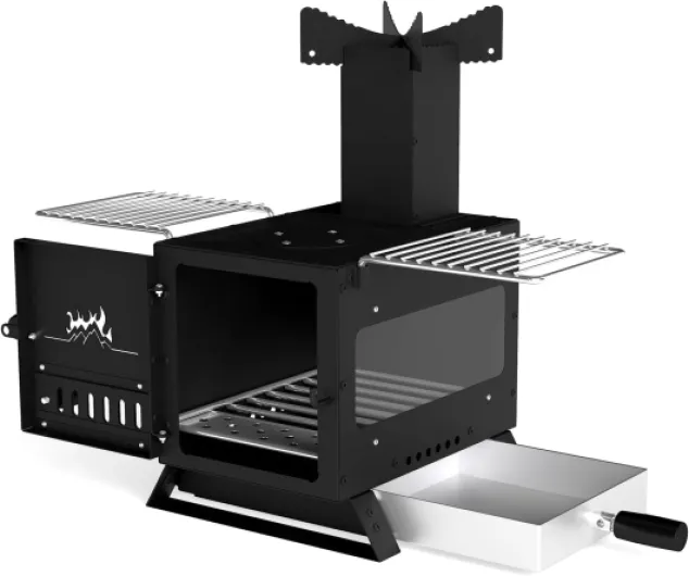 Mini-poêle à Bois Compact de Table, Poêle à Bois Portable, Brûleur Chauffant avec Grille, Rechaud Bois en Acier Inoxydable et 2 Grilles, Brûleur Extérieur avec Fenêtre en Verre pour Camping