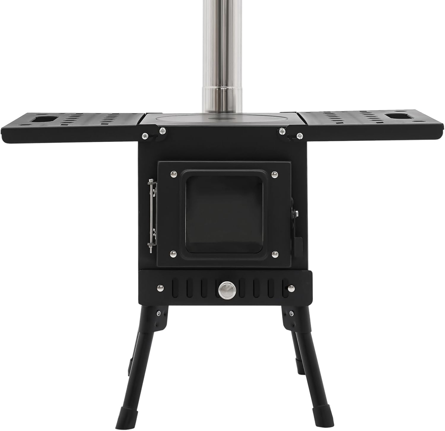 Poêle à bois portable pour camping, réchaud d'urgence, chauffage extérieur, réchaud à bois en acier inoxydable avec verre résistant à la chaleur, tuyaux de cheminée indépendants, coussinets