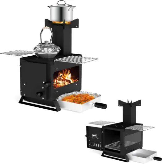 Poêle à Bois Portable, Mini Poêle de Camping avec Grille pour Casseroles, Plaque de Cuisson et 2 Grilles, Four Camping avec Fenêtre en Verre, pour Barbecue, Pique-nique, noir