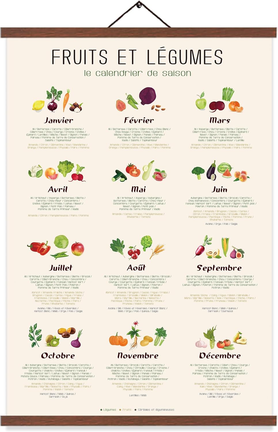 EASTJOY Affiche Saisonnière Fruits et Légumes - Poster 12 Mois (Végétarien) - Calendrier des Fruits et Légumes de Saison - Idée Cadeau pour Cuisiniers - Cadre en Bois de Tek (60x40 cm - Format A2)