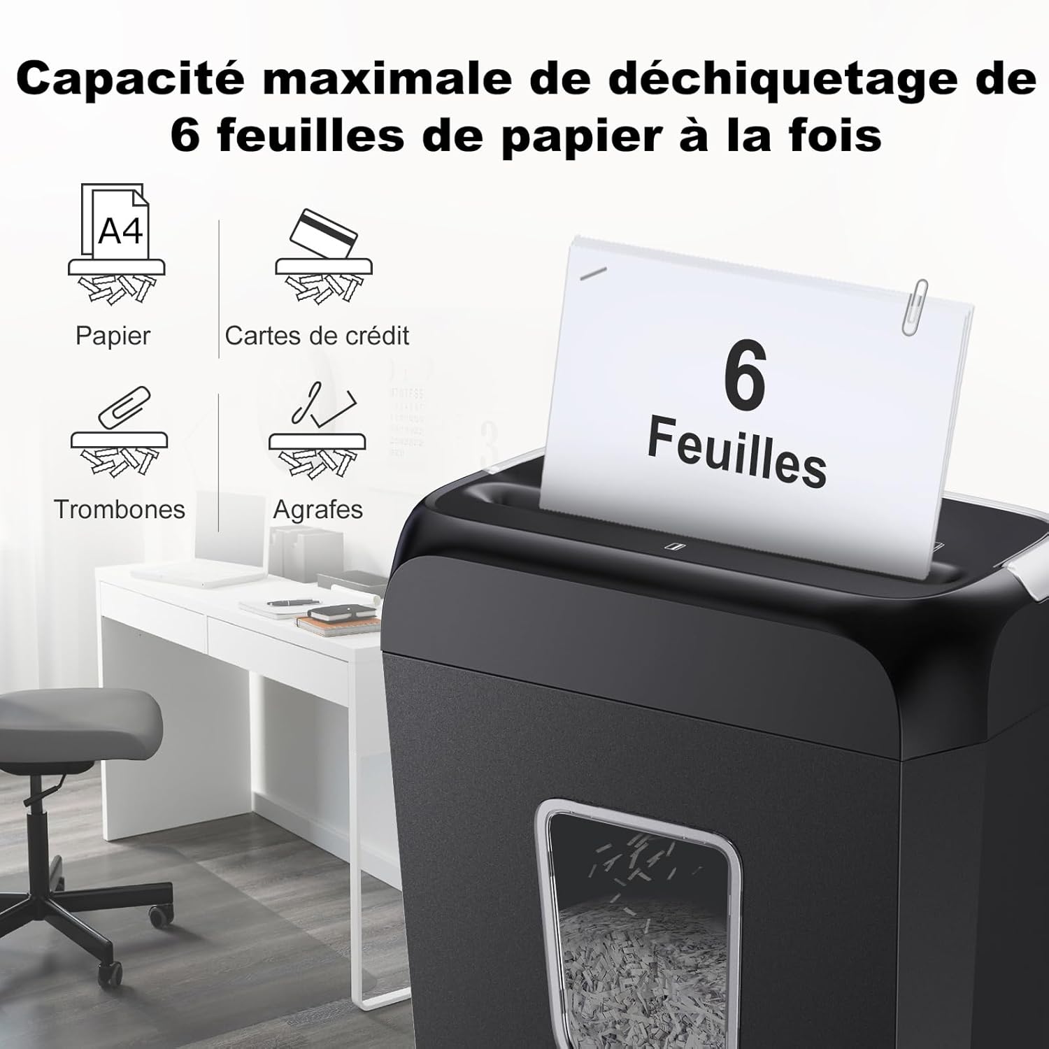 Broyeur Papier, Détruit 6 Feuilles à la Fois, Peut Déchiqueter Les Cartes de Crédit et Les Trombones, Broyeur de Papier avec Une Corbeille de 13 litres (C237-B)