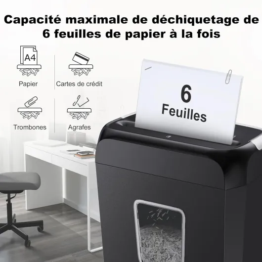 Broyeur Papier, Détruit 6 Feuilles à la Fois, Peut Déchiqueter Les Cartes de Crédit et Les Trombones, Broyeur de Papier avec Une Corbeille de 13 litres (C237-B)