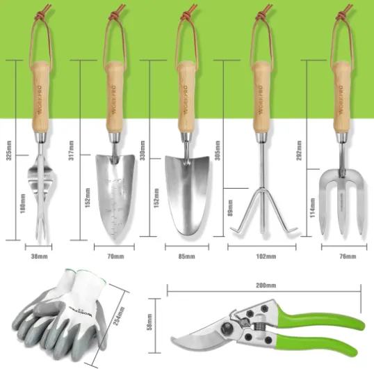 Outils de Jardinage, 8 Pièces, Ensemble de Jardinage en Acier Inoxydable Lourd avec Poignée de Bois, Sécateur, Gants, Sarcloir, Griffe, Fourche, Pelle à Terreau, Transplantoire pour Jardinier Vert