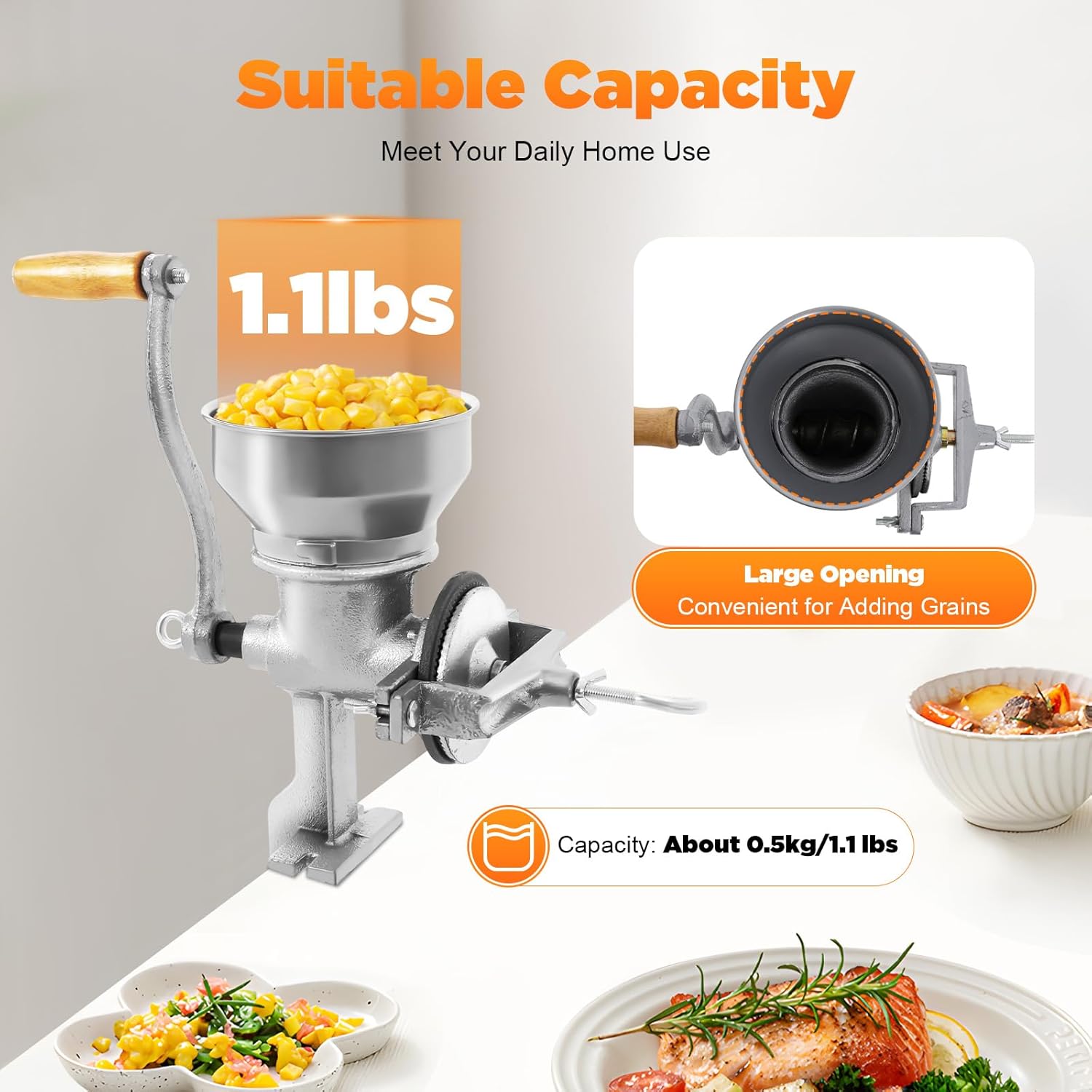 Moulin à main, moulin réglable, moulin à céréales manuelles, adapté aux familles, restaurants, entreprises de transformation professionnelle, grains, maïs et autres aliments.
