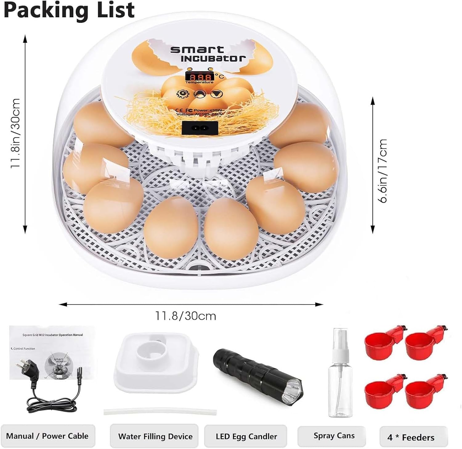 Couveuses pour œufs à couver, couveuse 12 œufs avec retournement automatique des œufs et contrôle de l'humidité, ajout automatique d'eau, couveuse LED, pour l'éclosion des œufs de poules, canards blanc