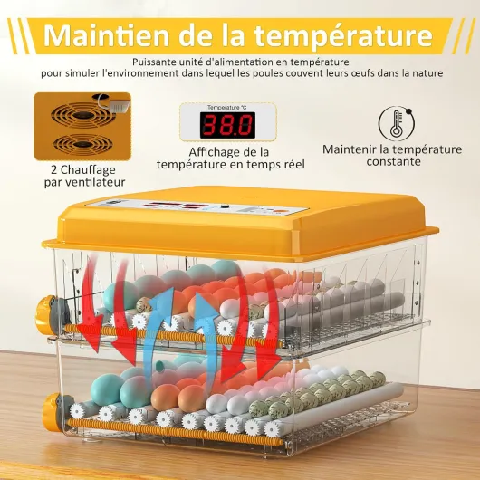 Couveuse Oeuf Automatique de 120 Oeufs avec Retournement des Oeufs et Moniteur d'humidité, Contrôle de Température, Incubateur avec 5 Modes d'incubation Automatiques et jours d'incubation