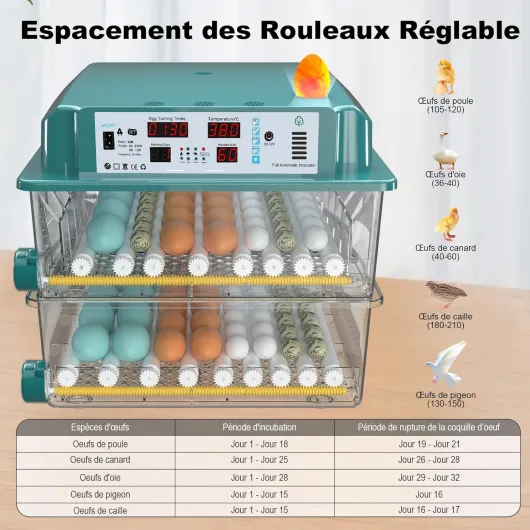 Couveuse Oeuf Automatique, Incubateur Oeuf Automatique 120 Oeufs avec Retournement Automatique des Oeufs et Humidification Automatique, Couveuse pour Oeufs de Poule, Caille, Canard