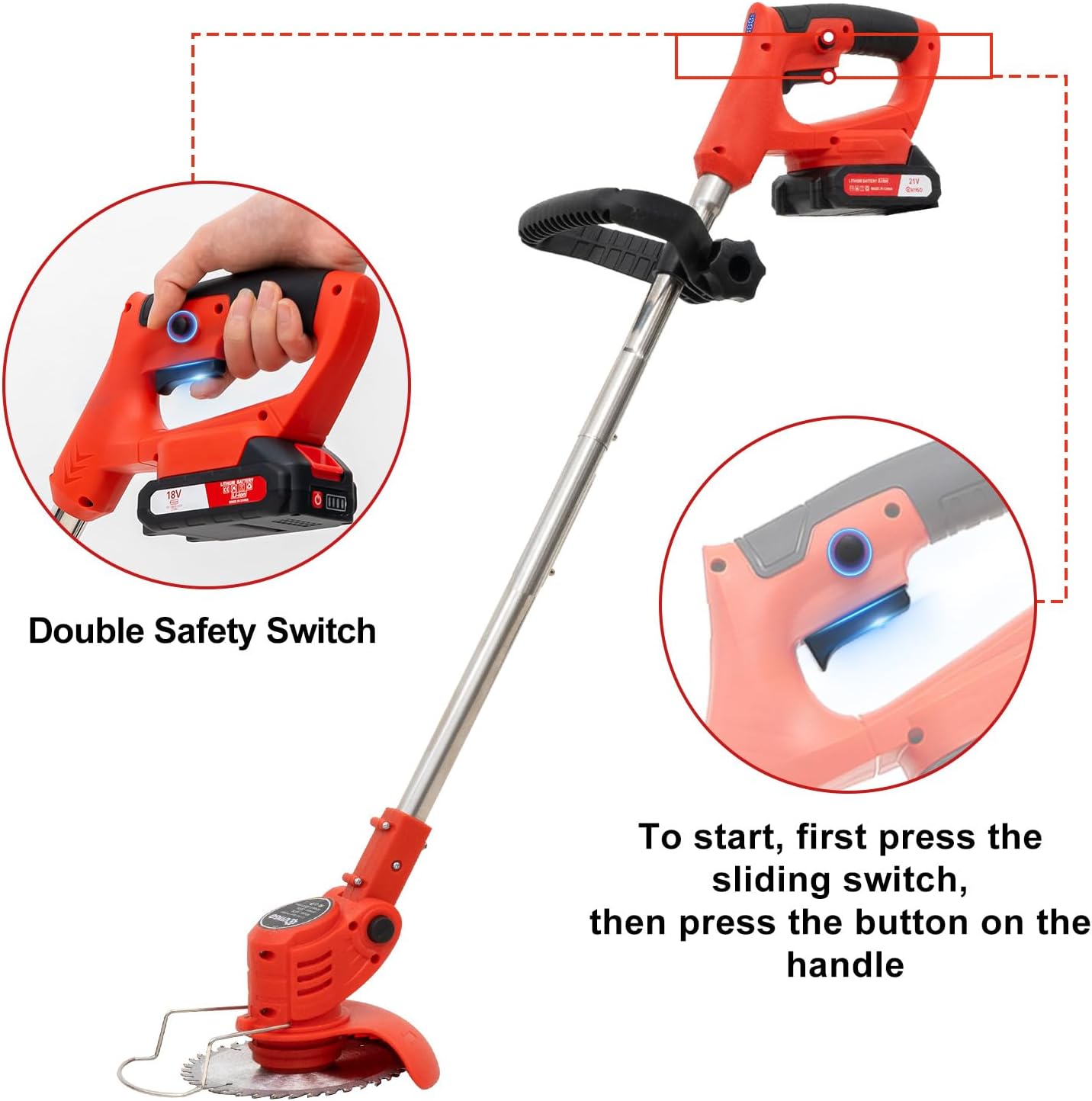 Debroussailleuse Electrique sans Fil, Débroussailleuse à Gazon Pliable avec 2 Batteries et 4 Types de Lames, Poignée réglable, Coupe Bordures pour la Coupe de Jardin, Pelouses et Terres Agricoles