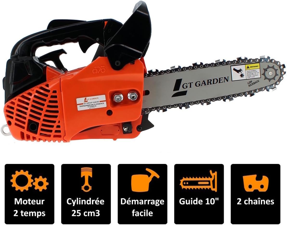 Tronçonneuse élagueuse thermique 25 cm3, 1 CV, guide 26 cm, 2 chaînes