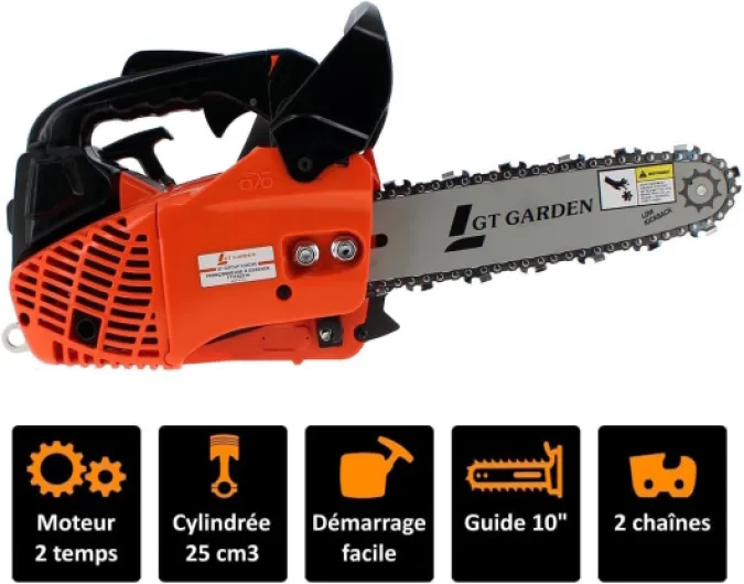 Tronçonneuse élagueuse thermique 25 cm3, 1 CV, guide 26 cm, 2 chaînes