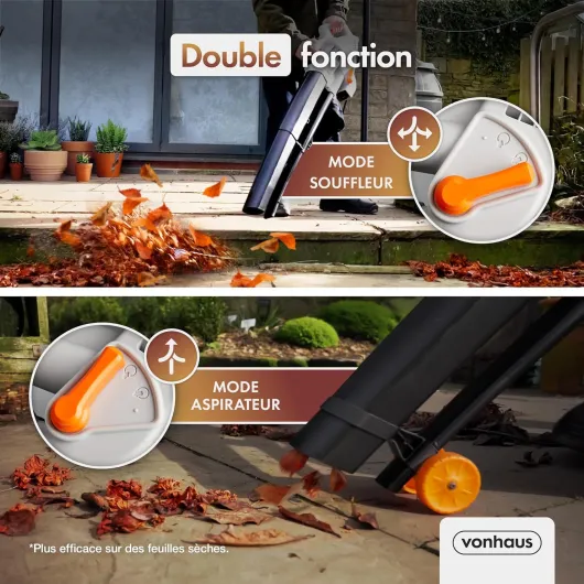 Aspirateur Souffleur de Feuilles 3 000 W - Aspirateur Ramasse Feuilles Filaire, Nettoie Les Jardins, Gouttières, Allées, etc - - Bandoulière, roulettes, 35L Collection Sac 8100089