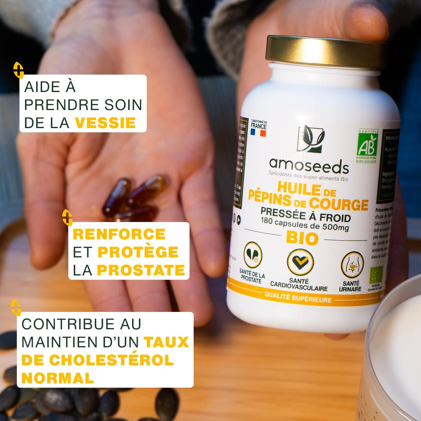 Huile de Pépins de Courge BIO - Prostate, Santé urinaire - Huile pressée à froid - 180 capsules végétales, vegan - Conditionné en France - Qualité Supérieure