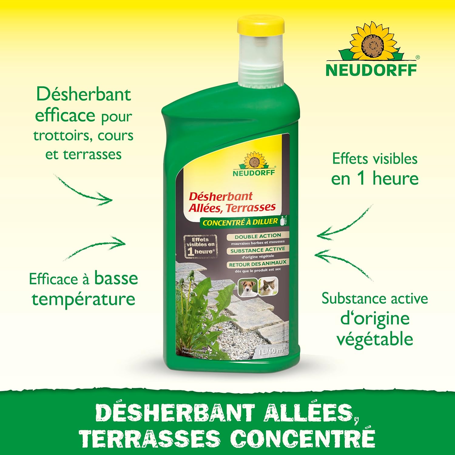 Neudorff Finalsan Désherbant Allées, Terrasses – Désherbant puissant sans glyphosate, action rapide sur mauvaises herbes et mousses, 1 L Concentré
