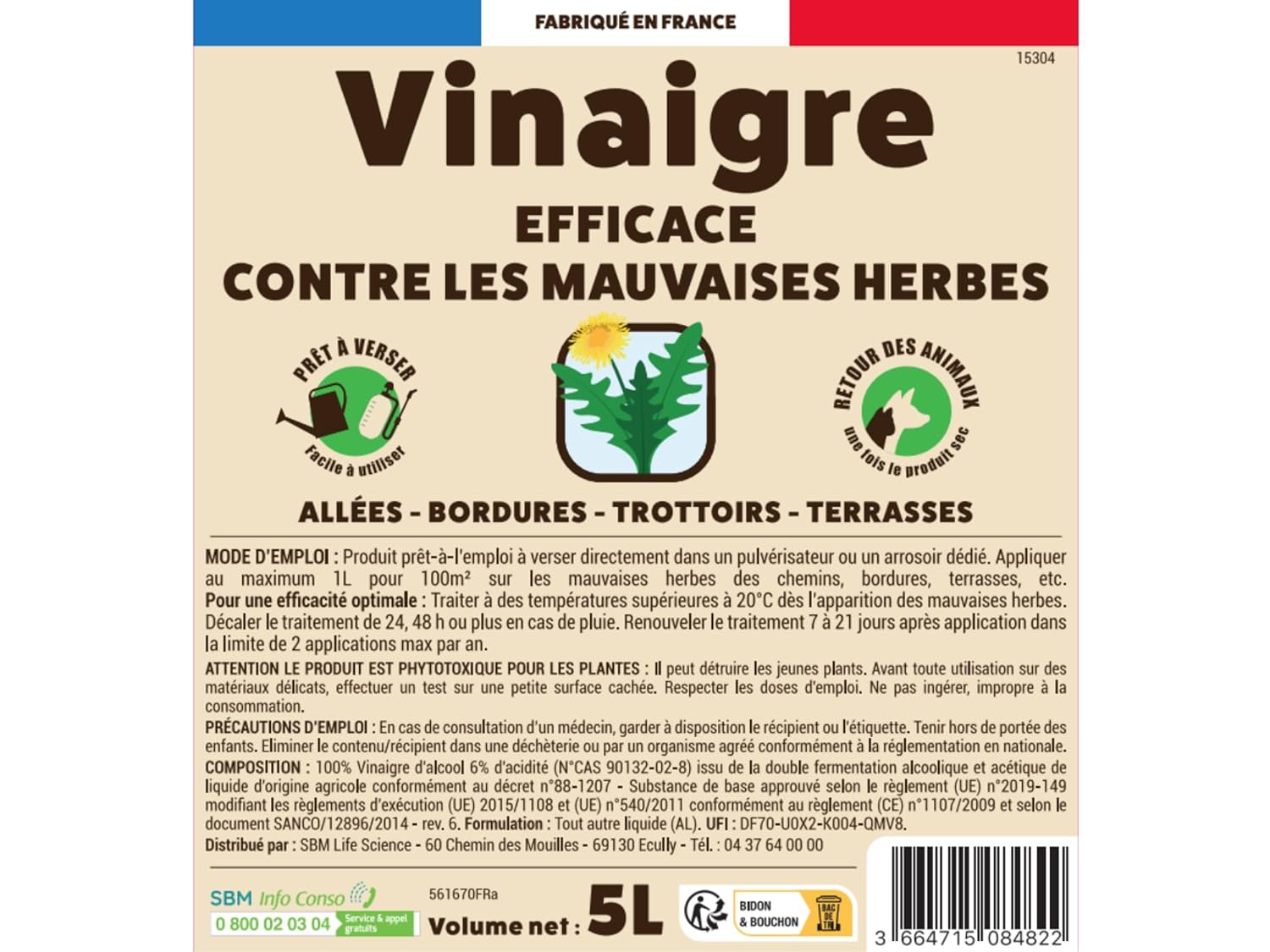 Vinaigre Désherbant - Prêt A Verser - Grand Format - 5L - Efficace Contre Les Mauvaises Herbes - Substance De Bases VINPAV5 (10L)