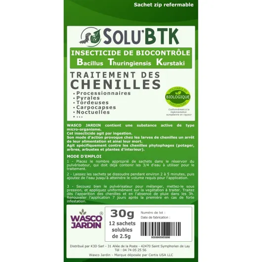 SoluBTK - Pyrale du buis 30 g Bacillus thuringiensis BTK - Insecticide Utilisable en Agriculture Biologique