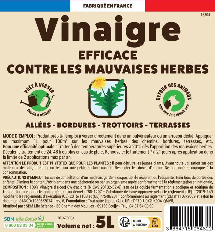 Vinaigre Désherbant - Prêt A Verser - Grand Format - 5L - Efficace Contre Les Mauvaises Herbes - Substance De Bases VINPAV5