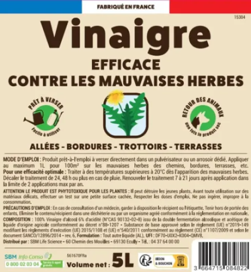 Vinaigre Désherbant - Prêt A Verser - Grand Format - 5L - Efficace Contre Les Mauvaises Herbes - Substance De Bases VINPAV5