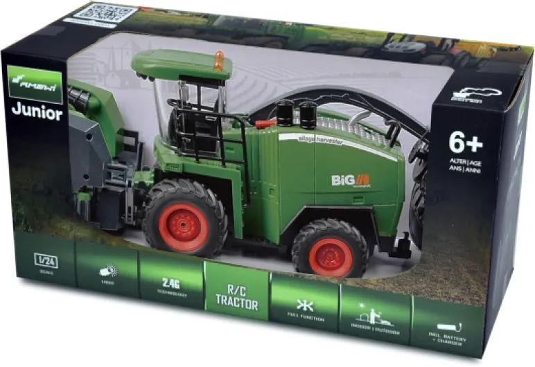 Amewi 22595 Broyeur de Champs RC avec Mors de maïs, lumière et Son, 1:24 RTR avec télécommande, Batterie, câble de Charge, Vert/Jaune