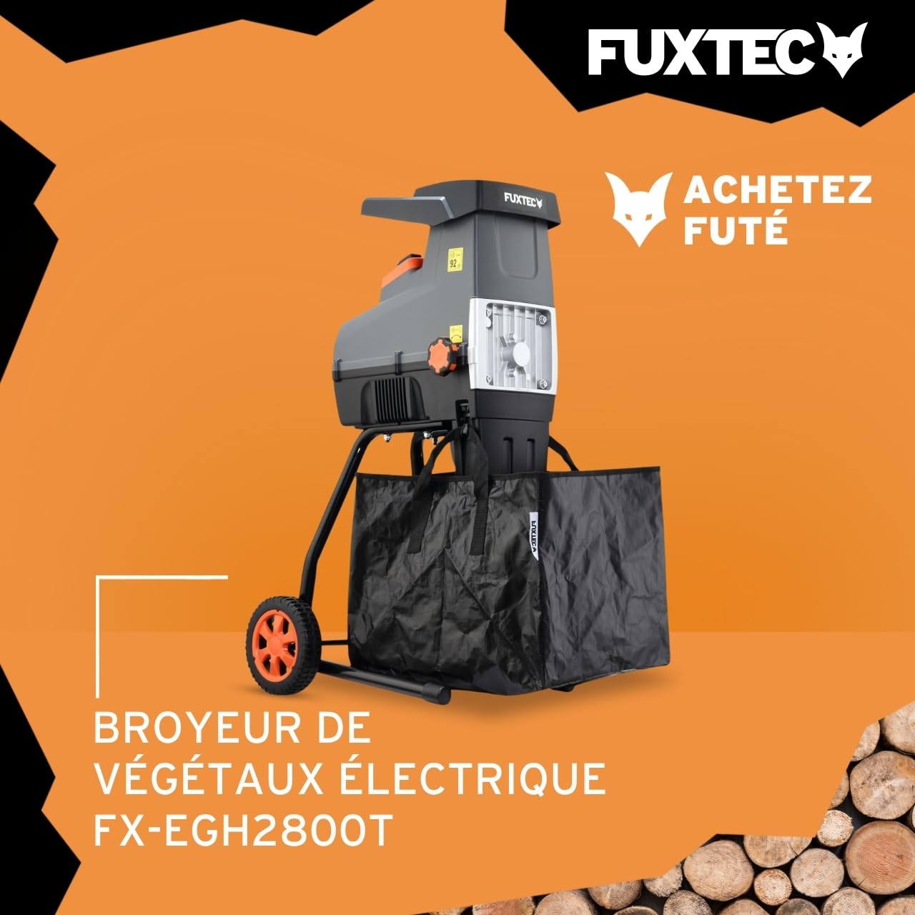 Broyeur de végétaux électrique FX-EGH2800T – 2800W – Système à rouleaux silencieux 92 dB – Branches Ø 44 mm – Sac toile 60 L – Marche arrière – Protection surcharge IPX4