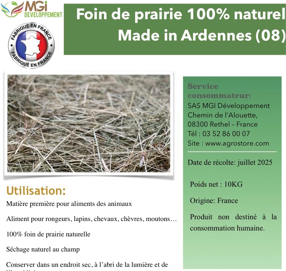 Foin de Prairie 100% Naturel – Aliment pour rongeurs, Lapins, Chevaux, chèvres – Récolté en France – Botte/Ballot 10 kg