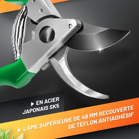 Sécateur de Jardin Professionnel Ciseaux à Fleurs Cisaille à Lame Franche Acier Japonais et Teflon - Manuel - Lame Franche 48mm